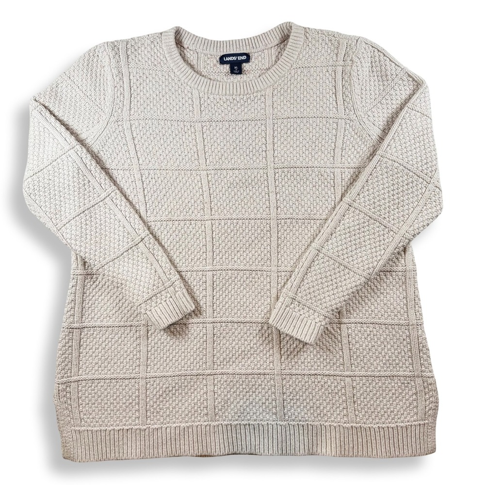 Lands End Womens XL Beige‎ Textured Grid Knit Cotton Wool Blend Crewneck Sweater